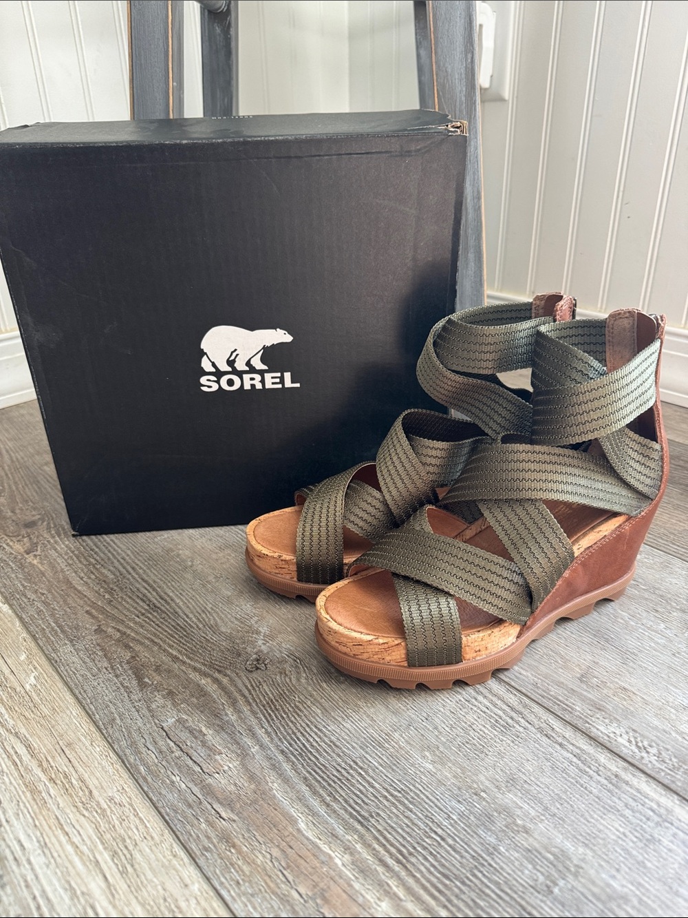 SOREL Olive Strappy Cork Wedge Sandals with Brown Sole